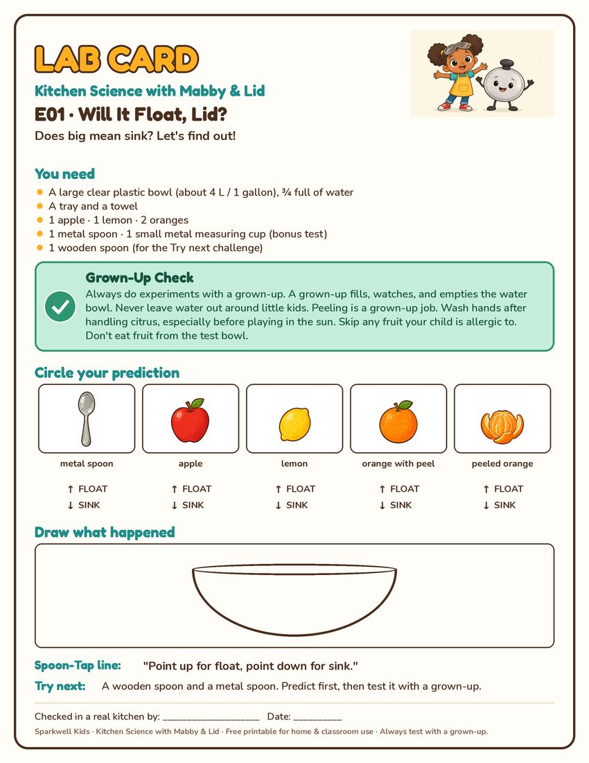 Preview of the E01 Lab Card, Will It Float, Lid?: a one-page printable with a You need list, a Grown-Up Check box, a prediction to circle and a space to draw what happened.