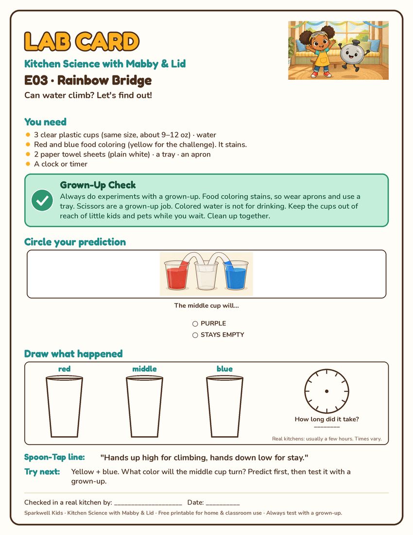 Preview of the E03 Lab Card, Rainbow Bridge: a one-page printable with a You need list, a Grown-Up Check box, a prediction to circle and a space to draw what happened.